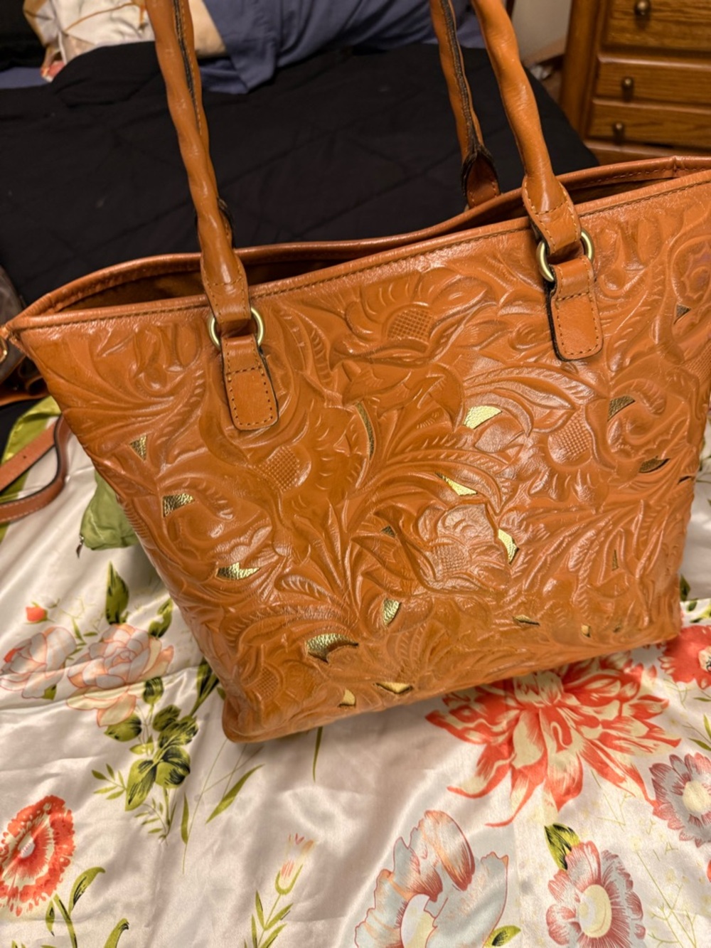 Patricia Nash Embossed Leather Tote in Cognac with Gold Accents